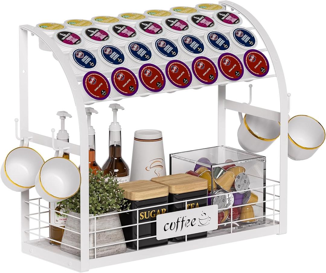 Metal K Cup Holder, 2 Tier Coffee Bar Organizer with 4 Coffee Mug Hooks, Multi-functional Coffee Station Organizer for Countertop, Wooden K Cup Organizer Tray Coffee Bar Accessories - White