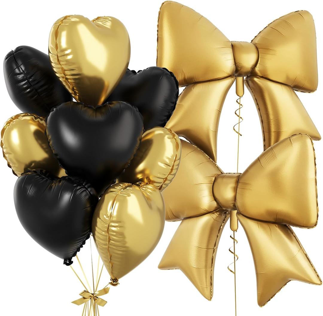 Black Gold Heart Balloons, Foil Bow Balloons, 10Pcs 18 Inch Heart Shaped Balloon and 38 Inch Helium Gold and Black Bow Foil Balloon for Birthday Valentines Baby Shower Wedding Anniversary Decor