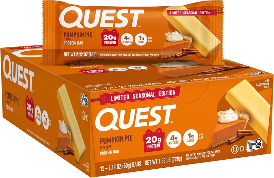 Quest Nutrition Pumpkin Pie Protein Bar, 20g Protein, 4g Net Carb, 1g Sugar, Gluten Free, 12 Count, Best By: 06/18/26