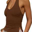 Tankaneo Womens Sexy Scoop Neck Halter Tops Backless Ruched Knit Tank Tops Summer Sleeveless Fitted Going Out Shirts (Brown, M)