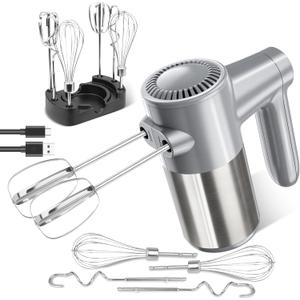 Cordless Hand Mixer, Electric Mixer Handheld Digital Display 7 Speed Rechargeable with 6 Stainless Steel Attachments Whisks Beaters Dough Hooks & Storage Base, Blender for Baking, Eggs, Silver
