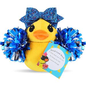 Lenwen Cheer Duck Gift with Pom Poms Bow 8 Inch Duck Plush Senior Cheerleader Gifts Team Support Gift for Senior Night Gifts Cheer Competition Day Must Have (Blue)