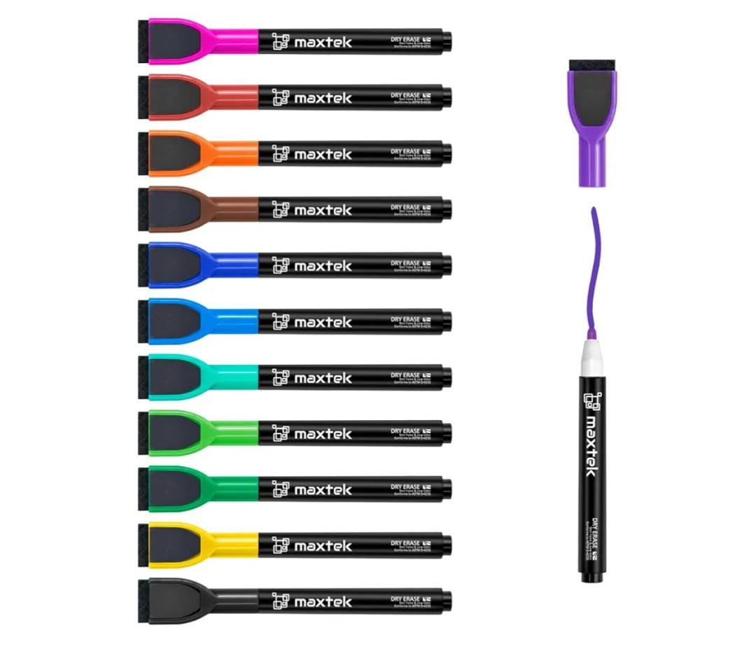 maxtek Magnetic Whiteboard Markers - 12 Count Colorful Fine Tip Dry Erase Markers with Eraser for Kids, Low Odor Thin Markers for Calendar Boards