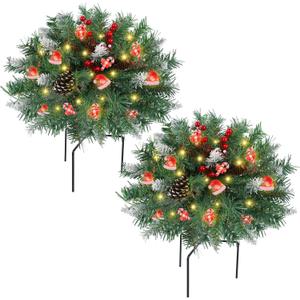 DR.DUDU 15 Inch Outdoor Christmas Decorations Urn Filler for Front Porch 2 Pack Lighted Christmas Pot Fillers with Stake, Xmas Pine Trees with Timer for Outside Home Décor