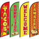 Remagr 4 Pcs Mexican Food Tacos Feather Flag 7. 9 ft x 23. 6 Inch Mexican Restaurants Advertising Banner Sign for Burritos Tamales and Welcome Advertising Flags Businesses Markets Outside