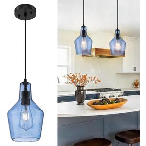 Emliviar 1-Light Kitchen Pendant Lighting, Industrial Adjustable Hanging Pendant Light with Seeded Glass, Blue Finish, DYE286G1-MIL BK