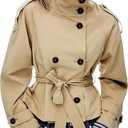 ASHER FASHION Cropped Trench Coat for Women，Long Sleeve Double Breasted Short Jacket, High Collar Fall Winter Coats, Size :S