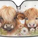 Car Windshield Sun Shade Highland Cows Flower Foldable UV Ray Sun Visor Protector Sunshade to Keep Your Vehicle Cool 55" x 27.6"