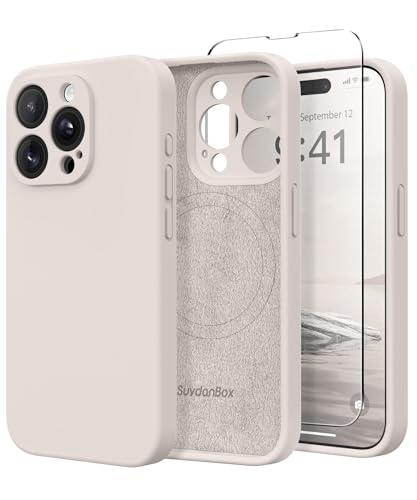 SuydanBox Magnetic for iPhone 15 Pro Case, Compatible with MagSafe, [Full Camera Protection][Screen Protector] Silicone Shockproof Protective Phone Case for iPhone 15 Pro 6.1", Stone