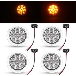 TMH 4 Pcs 4 Inch Clear Lens Amber 12 LED Round Trailer Tail Lights with Chrome Bezel Flush Mount for Heavy Duty Truck Cabin Lorry Bus RV Tow Flatbed Camper 12V DC GAC12