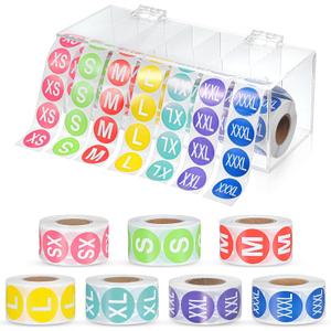 3500 Pcs Size Stickers Labels with 1 Pcs Acrylic Label Dispenser Clothing Size Sticker Label Color Round Self Adhesive Apparel Labels Stickers for T Shirt Skirt Retail 7 Sizes (XS S M L XL 2XL 2XL)