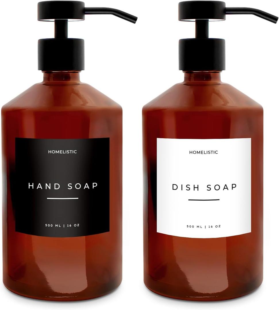 Luxury Glass Soap Dispenser Set of 2 - Elegant Amber Bottles with Matte Black Pumps, Ideal for Kitchen and Bathrooms, Perfect Glass Pump for Modern Homes.