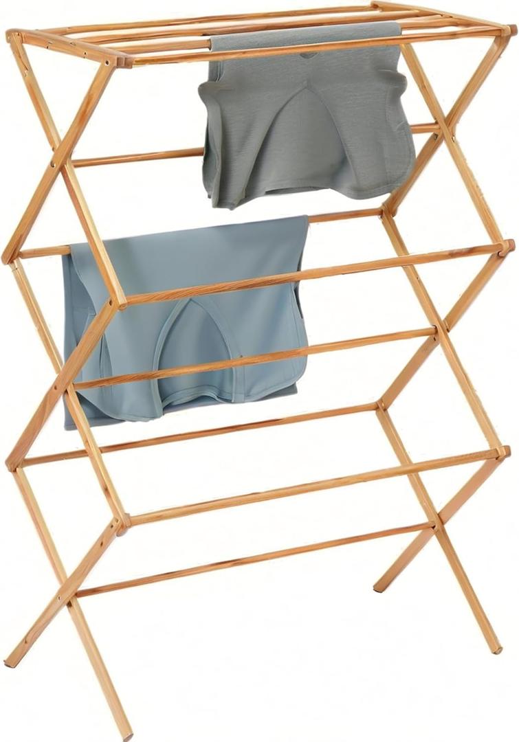 Collapsible Bamboo Drying Rack Foldable Laundry Drying Stand for Indoor/Outdoor Use Space-Saving Clothes Rack for Towels, Blankets & Delicates