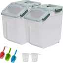 25LB Large Flour Storage Container Bin ,2 Pack Airtight Plastic with Wheels Seal Locking Lid Dispenser Organizer Storage Bin with Measuring Cup & Scoop for Flour, Rice, Grain 50LBS Total, 13 Inches