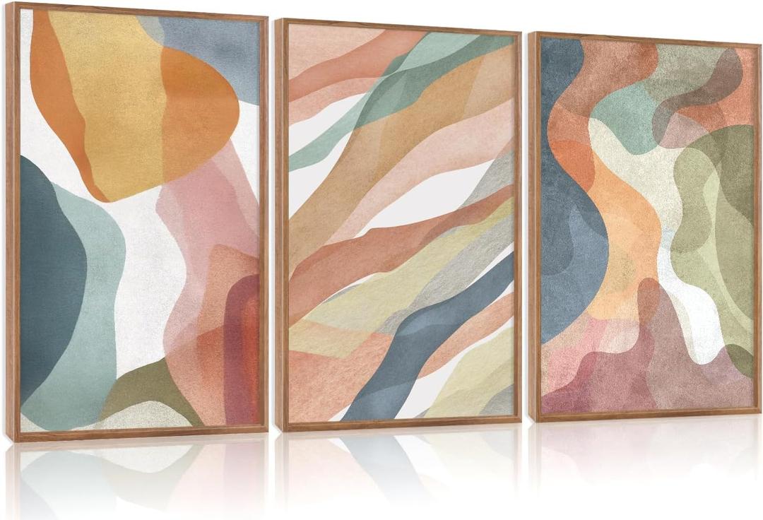 CHDITB Abstract Watercolor Framed Canvas Wall Art Paintings(16"x24"), 3 Panels Colorful Red Green Yellow Blue White Artwork Printings, Large Modern Above Couch Art Decor for Bedroom Living Room Office