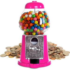 Gumball Machine for Kids 9" - Heavy Duty Metal with Glass - Christmas Antique Style Bubble Gum Machine - Kids Coin Operated Toy Bank for USA Coins - Candy Dispenser - Playo (Pink)