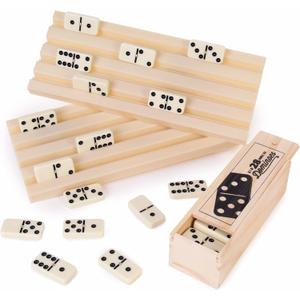 Brybelly Domino Party Set, Includes 28 Double Six Dominoes in Wooden Storage Box and 2 Domino Trays