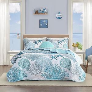Tritard 3 Piece Coastal Quilt Sets California King Size - Reversible Microfiber Quilts with 2 Shams Soft Lightweight Beach Bedding Nautical Bedspread Summer Coverlet for All Season, 118''x106''