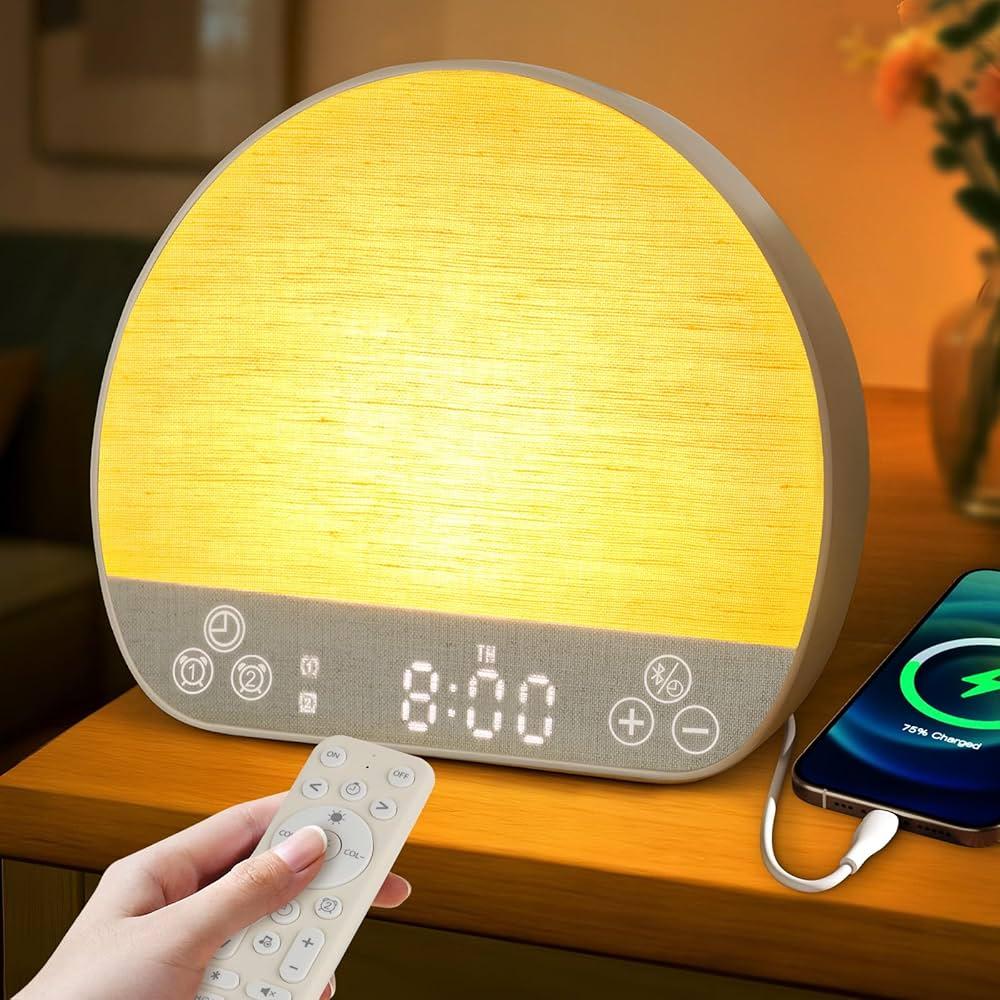 JONRRYIN Sunrise Alarm Clock Wake Up Light for Heavy Sleeper, White Noise Sound Machine 37 Sounds, Bluetooth Speaker, Tap Snooze, Remote Control, USB Port, 15 Color Dimmable NightLight for Bedroom