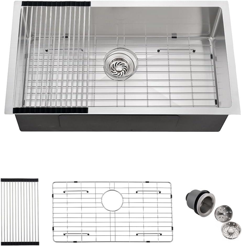 30 Stainless Steel Kitchen Sink Undermount, Dorzom 30 x 17 x 9 In Stainless Steel Sink 16 Gauge Single Bowl Kitchen Sink Under-mount with Bottom Grid & Rolled Drying Rack, Stainless 30"x17"x9" RR
