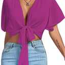 LYANER Women's Deep V Neck Tie Front Knot Wrap Ruffle Short Sleeeve Crop Top Blouse (X-Large)