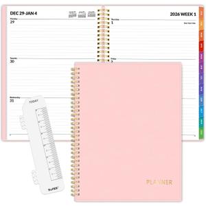 SUNEE 2026 Weekly and Monthly Planner - from January 2026 - December 2026, Daily Agenda Planner with Monthly Tab, Flexible Cover, Note Pages, Pockets, Bookmark, Spiral Binding, Pink, 8.5"x11"