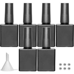 Empty Gel Nail Polish Bottles with Brush 10ML Black, Opaque Square Glass Refillable Fingernail Polish Bottles UV Safe with Mixing Balls & Funnels, Pack of 6