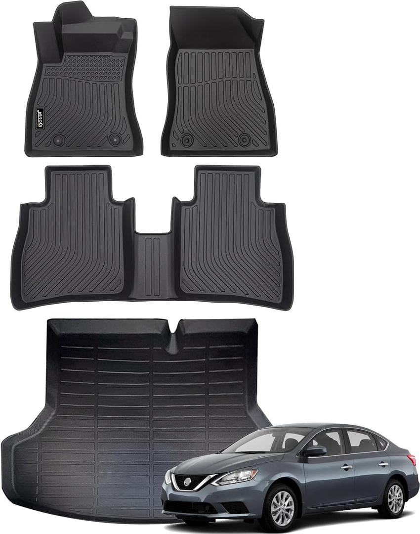 Car Floor Mats & Cargo Liner for 2014-2019 Nissan Sentra S/SV/SR All Weather Full Set Automotive Floor Liners Custom for Sentra Accessories Black Trunk Mat