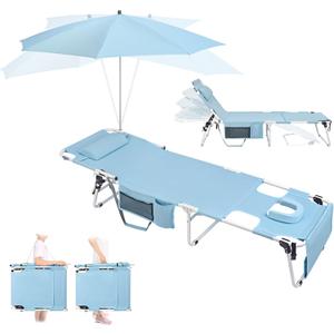 Tanning Chair with Umbrella UPF 50+ Adjustable, Heavy Duty Folding Chaise Lounge Outdoor, Lay Flat 5-Position Recliner for Sun Outside Sunbathing Reading Beach Pool Lawn, 300LBS