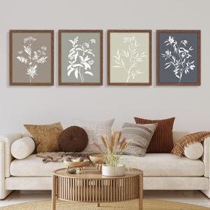 JJY Framed Boho Plants Wall Art Set of 4 -Wooden Wall Art Minimalist Botanical Prints Wall Art Decor Aesthetics -Rustic Vintage Farmhouse Home Living Room Kitchen Bathroom Wall Decor (11"x14")