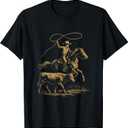 Rodeo Cowboy - Retro Cowgirl Steer Roping Art T-Shirt (Medium, Black)
