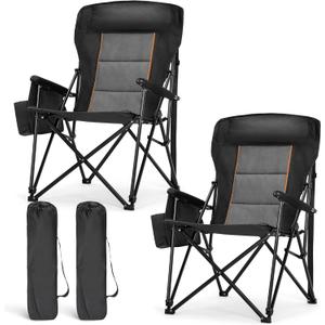 LET'S CAMP Oversized Camping Chairs 29.52" High Back Heavy Duty Lawn Chair Support 500LBS, Portable Collapsible Chair with Cup Holder, Side Pocket,2 Pack(Black)