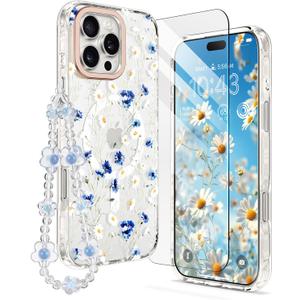 MILPROX Compatible with iPhone 16 Pro Max Case -with Screen Protector/Strap - Compatible with MagSafe - Cute Flower Floral Pattern with Girls/Women - Magnetic Slim Protective Phone Cover - Flowers (Blue White Daisy)