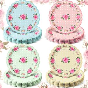 Umigy 60 Pcs Floral Tea Party Decorations 7 Inch Floral Paper Plates Disposable Blossom Dessert Saucers Sets Dessert Dishes for Girls Women Birthday Party Supplies