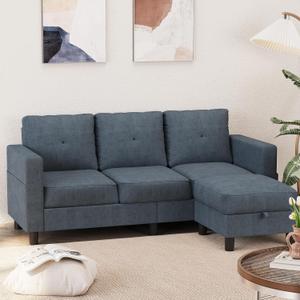 Shintenchi 76" Modern Upholstered Sectional Sofa, L-Shaped Couch with Storage Ottoman and Reversible Chaise for Living Room, Dark Gray Linen Fabric