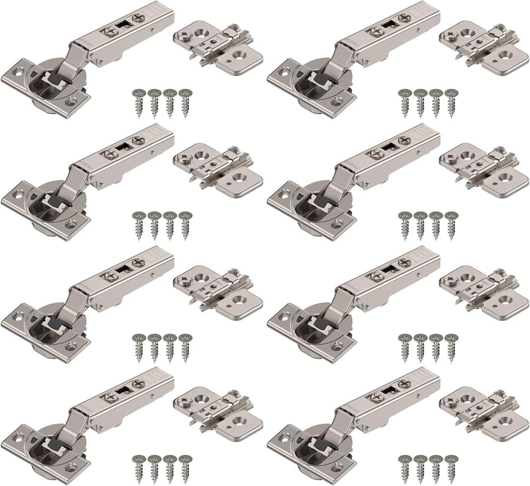 Blum Clip top BLUMOTION Hinge Kit (4 Kits), Full Overlay, 110 Opening Angle, Steel, Soft Close Euro-Style Hinges with Clip Mounting Plate for Frameless Cabinets