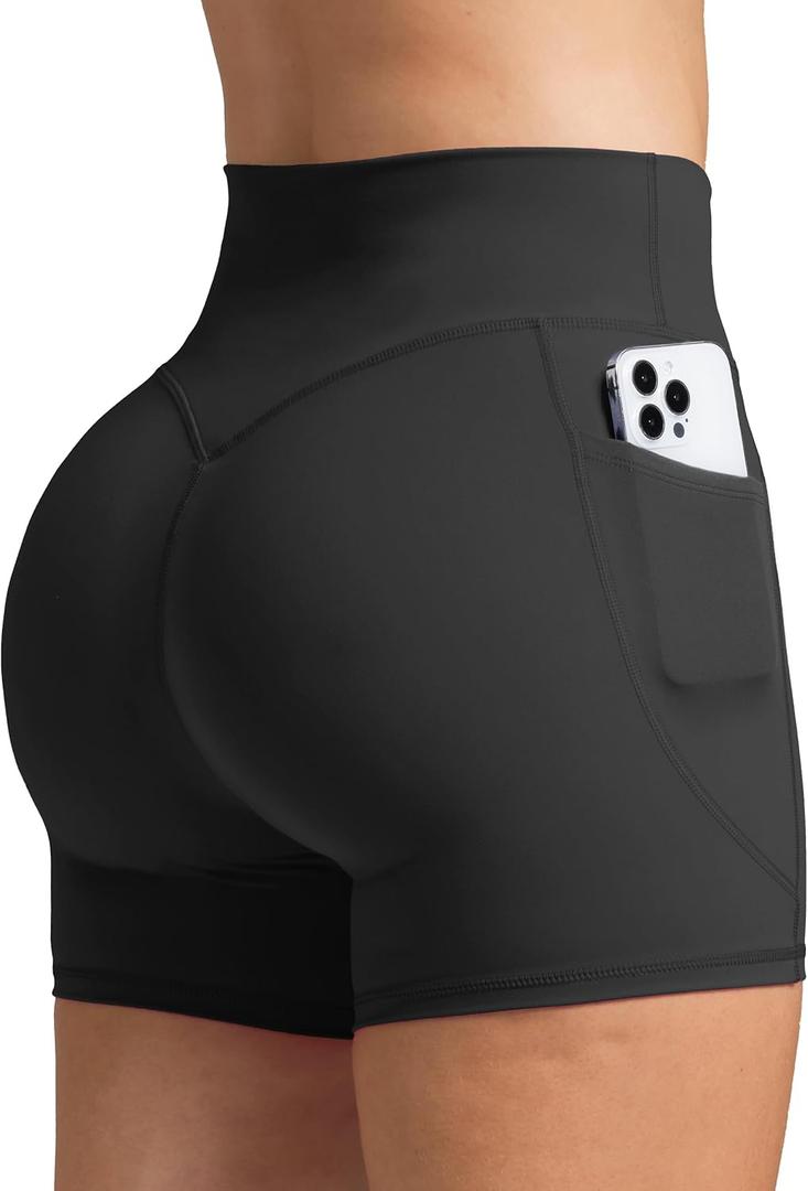 Olmlmt Biker Shorts Women 4.5" with Pockets High Waisted Spandex Yoga Workout Shorts (Large, Black)