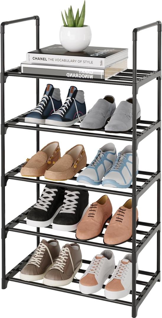Metal Shoe Rack,Upgrade 5-Tier Stackable Shoe Stand,Narrow Shoe Storage Shelf for Shoes,Boots Entryway and Closet Hallway (with Handle, Black)
