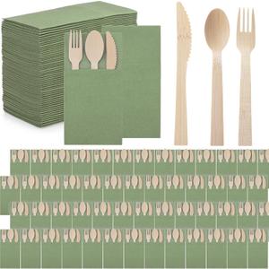 Gueevin 200 Pcs Wooden Cutlery Set Disposable Wood Utensil for 50 Guest Fork Spoon Knives Linen Napkin Disposable Cutlery for Wedding Party Supplies Event and Takeout (Light Green)