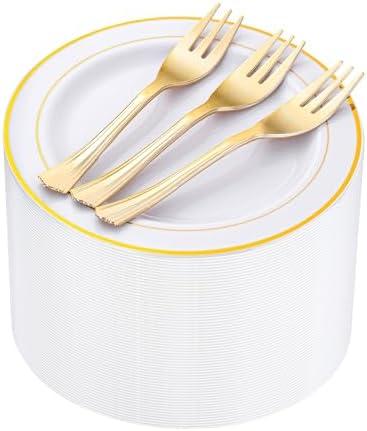 WELLIFE 120 PCS Plastic Dessert Plates and 120 PCS Forks, 6.3 inch Disposable Salad Plate, Premium White Appetizer Plates with Gold Rims Perfect for Parties, Weddings
