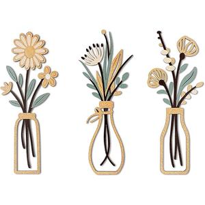 puthiac Wooden Flowers Vase Wall Art Set — Minimalist Boho Farmhouse Floral Décor, Rustic Wooden Wall Decor for Bathroom/Living Room/Bedroom/Dining RoomHousewarming Gift