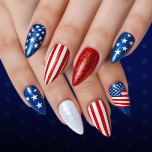 4th of July Press on Nails Medium Almond Patriotic Fake Nails, Red White Blue American Flag Stars Stripes Designs, Glitter Glossy False Nails, Independence Day Stick on Nails for Women Manicure 24Pcs