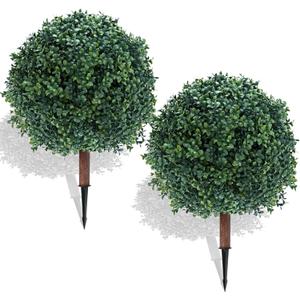 27.5" Artificial Boxwood Topiary Ball Tree with Ground Spike, Set of 2 Artificial Cedar Bushes, UV Resistant Faux Boxwoods Outdoor Plants Artificial for Porch Garden Front Porch Decor