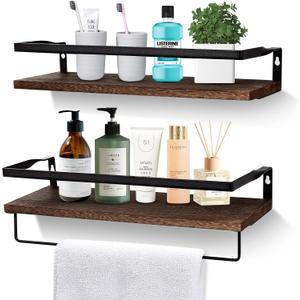AGM Floating Shelves, 16.5 Bathroom Floating Shelf Set of 2, Carbonized Black Wall Storage Shelf with Towel Bar, Wall Mounted Shelves for Plants, Book, Bedroom, Kitchen, Living Room Decoration