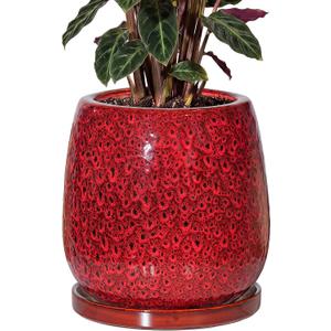 10.3 Inch Ceramic Glaze Plant Pot with Saucer, Flower Pots with Drainage Hole Mesh Net (Spot Red)