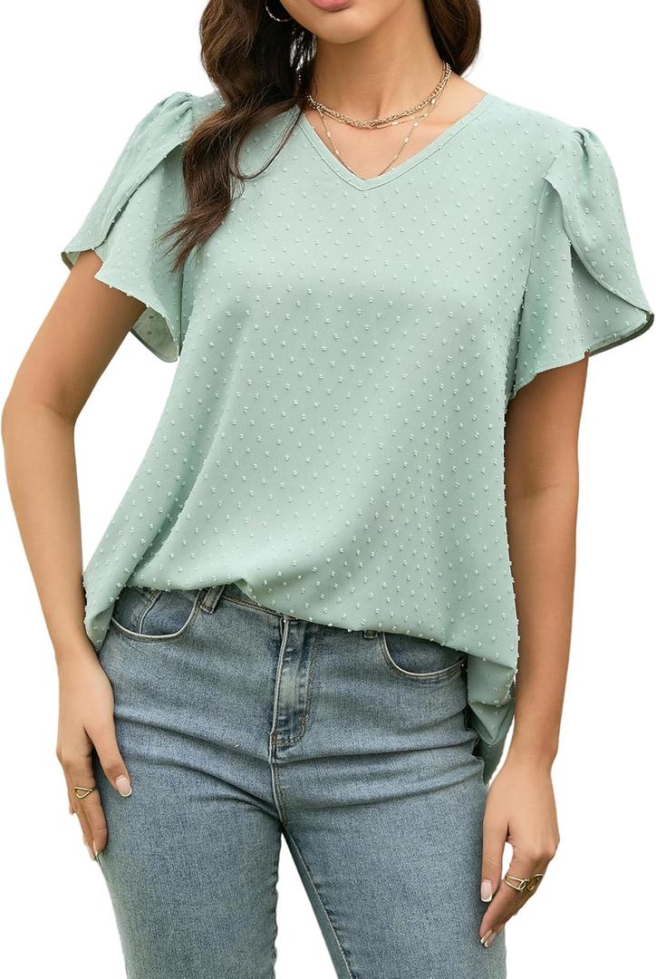 Womens Tops Dressy Casual Swiss Dot V Neck Ruffle Tunic Blouse for Women Cute Petal Short Sleeve Pom Pom Shirt Office (Green)