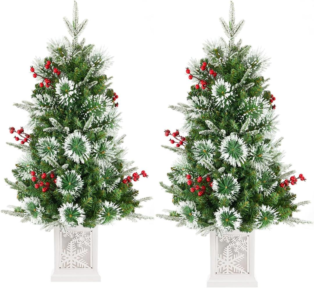 Pack of 2 Small 3FT Pre-Lit Snow Flocked Christmas Tree with Twinkling Lights for Home Office Christmas Decor- Battery Operated & Timer (Snowflake Base)