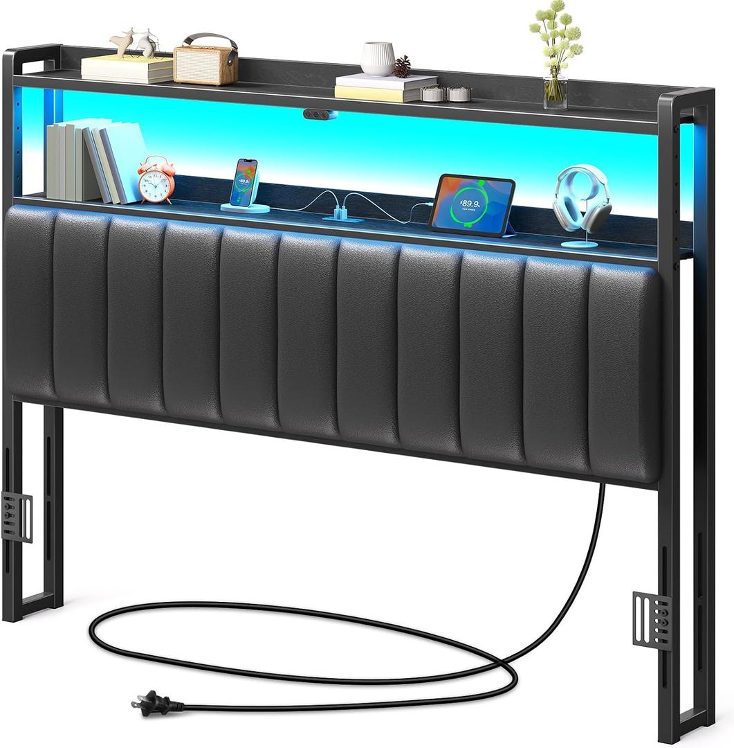 Rolanstar Headboard for Queen Size Bed with Storage, 60,000 DIY Color of LED Light, Headboard with USB, Type C Port, Height Adjustable, Black Upholstered Cabeceras de Cama Comfortable Modern, Leather