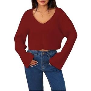 MakeMeChic Women's Cream Cropped Sweater Knit Crop Top Sweater V Neck Drop Shoulder Long Sleeve Pullover Burgundy Medium