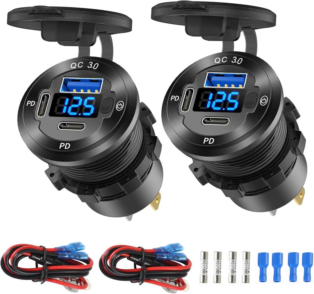 2 Pack 12V USB Outlet 3 Port Car Charger Socket, 78W Dual PD USB C 30W and Quick Charge3.0 Port Aluminum Charger Waterproof with Voltmeter and Button Switch for Boat Marine Motorcycle RV Truck, etc (Only one pack)